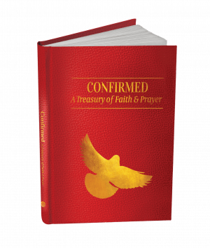 A gift book in red with the title Confirmed: A Treasury of Faith and Prayer" in gold, with a gold image of the Holy Spirit.