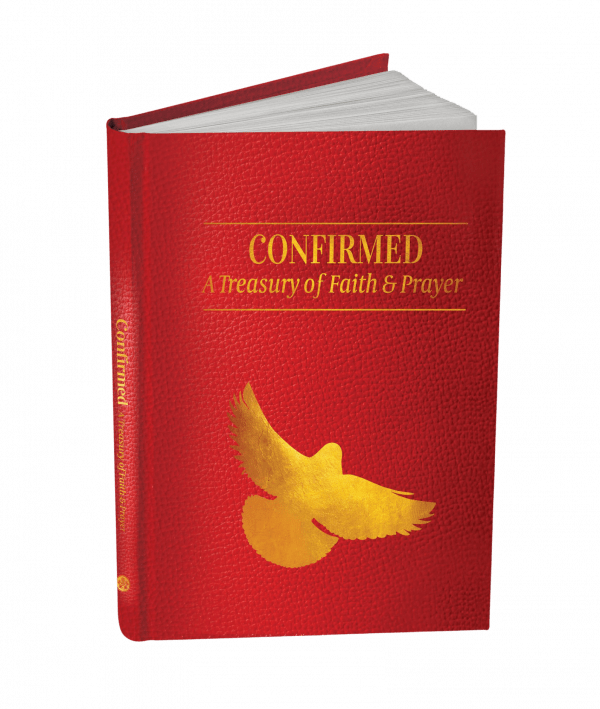 A gift book in red with the title Confirmed: A Treasury of Faith and Prayer" in gold, with a gold image of the Holy Spirit.