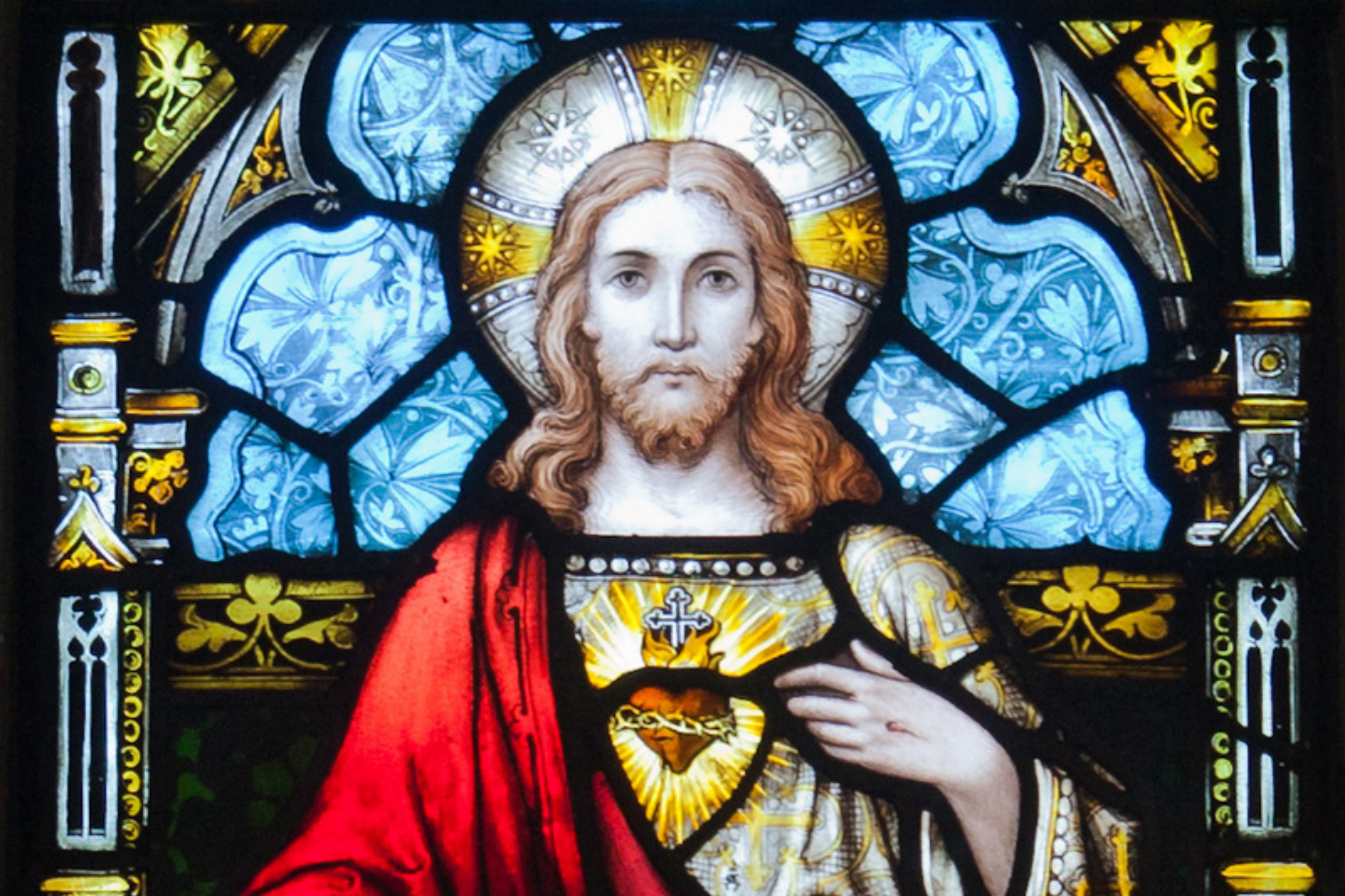 Stained glass image of the Sacred Heart of Jesus.